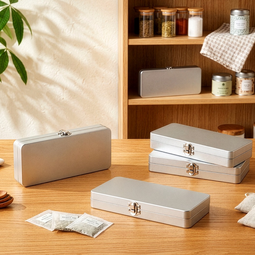 Set of 4 Rectangular Metal Tins, Silver Storage Boxes